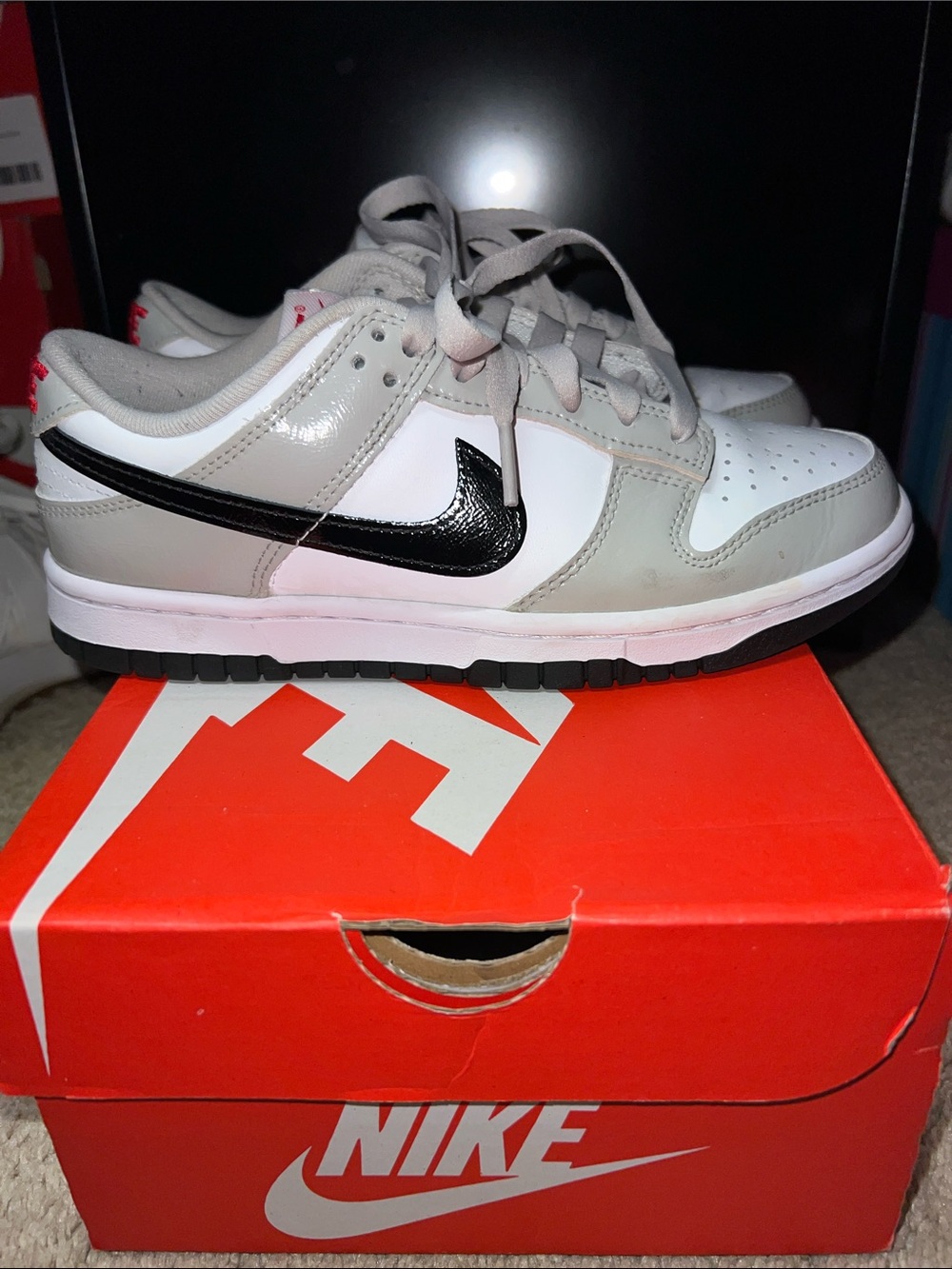 Nike Women’s (shiny)Grey & White Dunk Low with Black leather Swoosh